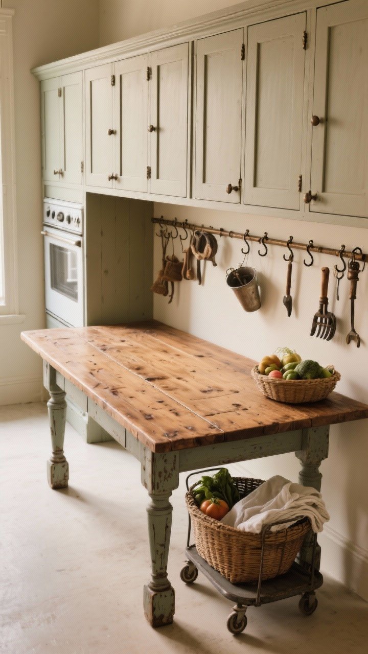 Overhead/detail shot of a vintage worktable and wall storage combo: open-leg vintage worktable centered with oiled wood top showing beautiful scratches, surrounding center kept clear of tall objects for width, one full wall lined with floor-to-ceiling cabinets including appliance garages finished in warm putty/greige, antique hooks and rails mounted nearby holding everyday tools, a small basket trolley rolled under the table edge with produce and linens; warm diffuse daylight, photorealistic.