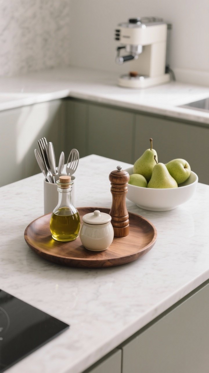 Overhead detail shot of an edited countertop vignette: a round wood tray holding olive oil, a small ceramic salt cellar, and a pepper mill; a single crock with wooden and stainless utensils beside it; a simple white fruit bowl with green pears; nearby appliances minimized to just a compact espresso machine; clean quartz surface with gentle natural light.