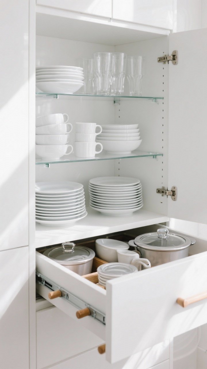 Overhead detail shot of an open upper cabinet with adjustable clear acrylic shelf risers stacking white plates, mugs, and bowls in tidy tiers; adjacent deep drawer fitted with a wooden peg system securing plates, lids, and bakeware in place; show adjustable shelf holes on the cabinet sides; group by height—short bowls above, tall glasses below; bright natural daylight bouncing on glossy white interiors for an airy feel.