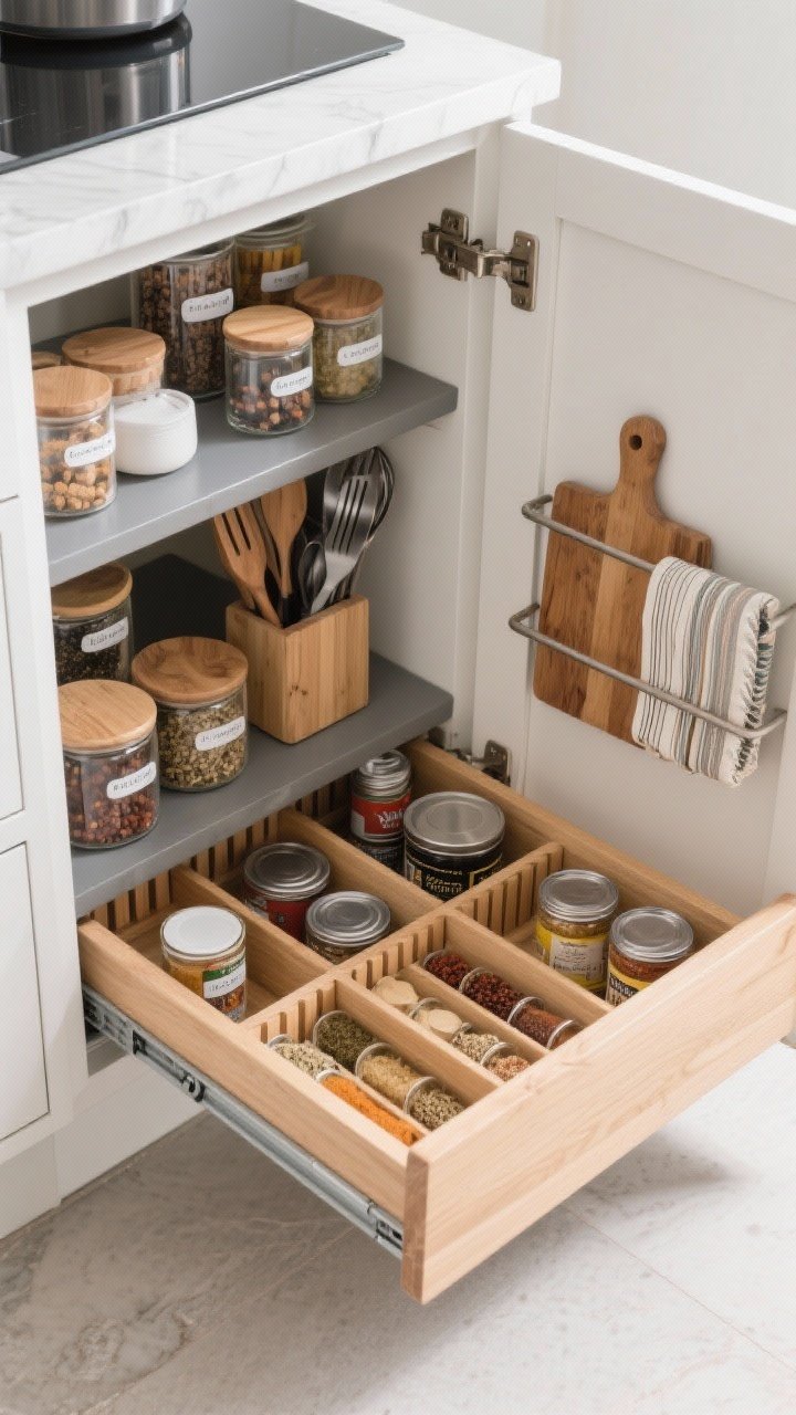 Overhead detail shot of an opened drawer and cabinet interior styling: pull-out shelf gliding out with neatly arranged spices and canned goods, custom wooden drawer dividers organizing utensils, matching glass containers with clear labels, and a slim back-of-door rack holding wraps and cutting boards. Matte shelf liner visible under items; clean, organized, photorealistic.