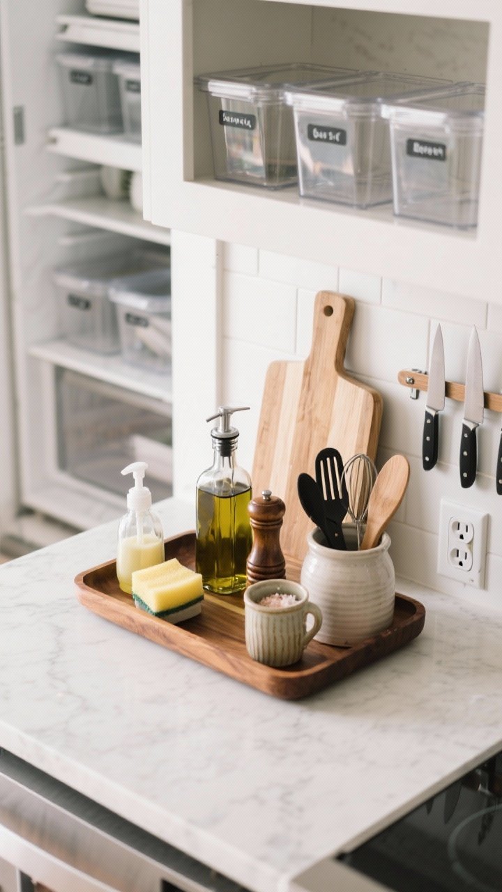 Overhead detail shot of counter organization: a wood tray corralling olive oil, salt cellar, pepper mill, and a ceramic utensil crock; vertical cutting boards leaning to hide an outlet; nearby magnetic knife strip on the wall freeing counter space; in-frame glimpse of labeled clear bins in an open pantry or fridge door; dish soap decanted into a glass pump and sponge in a small ceramic cup; clean, intentional containment and repetition.