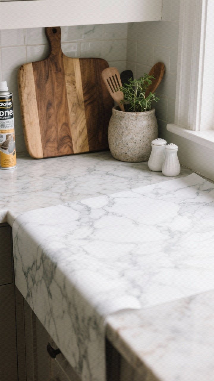 Overhead detail shot of countertop camouflage: matte marble-look contact paper being smoothly applied over an old laminate surface, a large oiled-wood cutting board creating a prep “zone,” stone-texture spray kit and sealer nearby; minimal styled items—a ceramic utensil crock, a small potted herb, and a white salt cellar—spaced intentionally; natural daylight from the side; photorealistic texture emphasis on the film and wood grain.
