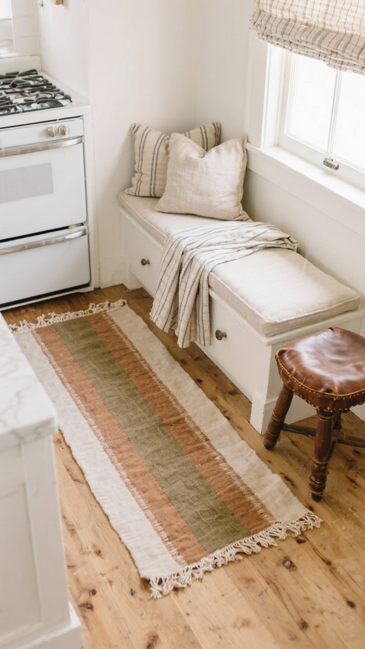 Overhead detail shot of cozy textiles in a white kitchen: a vintage-style washable runner in earthy tones on light wood floors, linen Roman shade fabric sample draped near a white windowsill, a pair of simple slip-on seat cushions in natural linen and a leather-wrapped stool seat nearby. Subtle patterns like ticking stripe and small checks visible. Soft natural light, tactile focus, no people.
