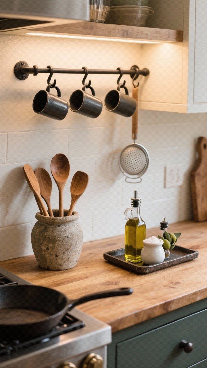 Overhead detail shot of everyday essentials styled aesthetically: wooden spoons and spatulas standing in a vintage stone crock, a rail with black S-hooks holding mugs and a small strainer, and a tray with olive oil, vinegar, and a pinch pot of salt near the stove. Warm wood counter, subtle cast-iron pan edge in frame; practical yet beautiful arrangement under soft, warm task light.
