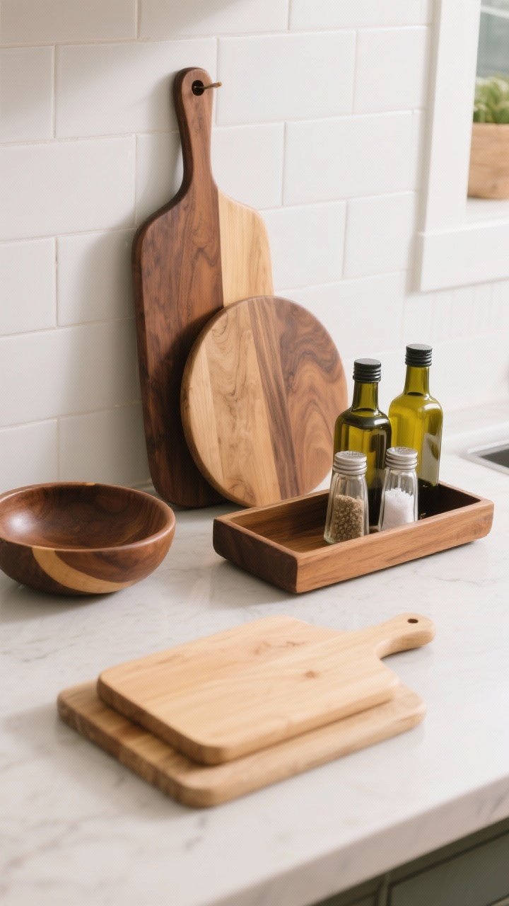Overhead detail shot of layered wood cutting boards and a tray styled against a white backsplash and counter: one tall walnut paddle board leaning, one medium round acacia board, one small rectangular maple board, plus a wood tray corralling olive oil bottles and salt. Include a round bowl to add a curve, subtle shadows, and a gentle sheen from food-safe mineral oil. Clean, lived-in styling; no hands.