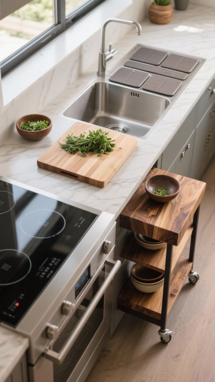 Overhead detail shot of multi-tasking surfaces: a custom over-sink cutting board bridging a stainless sink with chopped herbs, a set of burner covers flush over an induction cooktop creating temporary counter space, and a butcher-block rolling cart beside the counter with drawers and shelves holding bowls; natural daylight highlighting wood grain and durable textures; clean, functional styling.