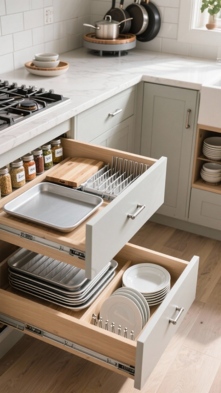 Overhead detail shot of open drawers and pull-outs: tray dividers neatly organizing sheet pans and cutting boards, a 12-inch spice pull-out loaded with labeled jars near the range, a lazy Susan corner solution with cookware, and a drawer with adjustable peg inserts holding plates and bowls; natural light, clear labeling, tidy grid-like organization conveying intentional storage planning.