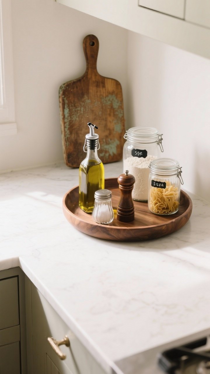 Overhead detail shot of styled, decluttered counters: a gorgeous round wood tray clustering olive oil, vinegar, salt cellar, and pepper mill as one vignette; clear jars decanted with flour, sugar, and pasta labeled neatly; a single hero piece—a vintage cutting board with patina—leaned against a soft white wall. Counter left about 70% clear for breathing room. Soft natural light, crisp shadows, texture emphasis.