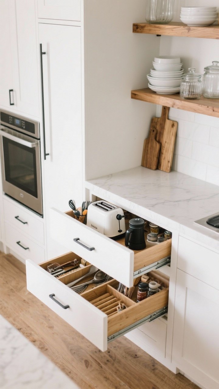 Overhead detail shot: Open drawers and a tidy counter illustrating clever storage—an appliance garage door half-open revealing a toaster and coffee gear tucked away, deep drawer inserts organizing utensils and spices, and open white oak shelves styled with white dishes, clear glass jars, and wood boards; the countertops remain mostly clear, emphasizing calm functionality.