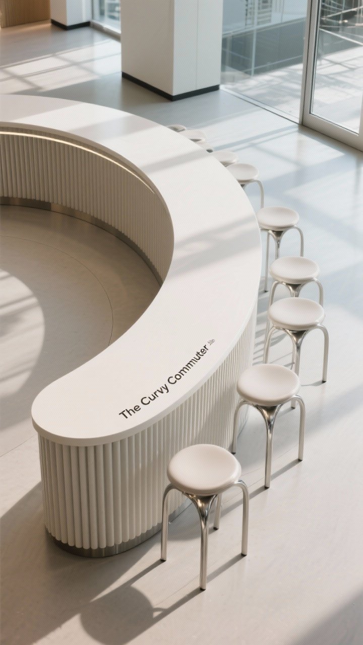 Overhead detail shot: “The Curvy Commuter”—a capsule-shaped island 20–24 inches deep with soft rounded ends, ribbed/fluted base texture, and coordinated arched-back stools; materials in light, reflective tones to reduce visual bulk; clean floor circulation around the curve; diffused daylight with gentle shadows accentuating the fluting.