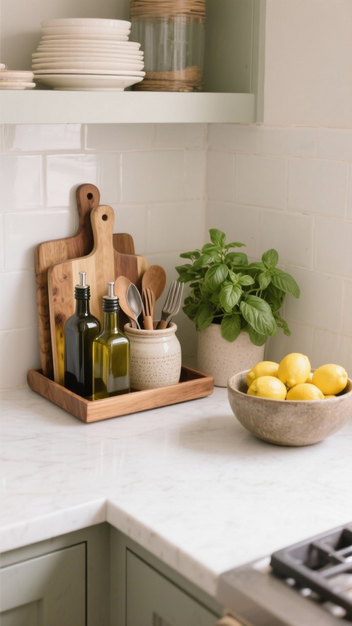 Overhead detail: Styled warm vignette on a white counter. A wood tray corrals olive oil bottles, a ceramic crock holds utensils, and a layered stack of cutting boards leans against a soft backsplash. A basil plant and a chunky bowl of lemons add life. Surrounding counter remains 80% clear to avoid clutter; photorealistic.