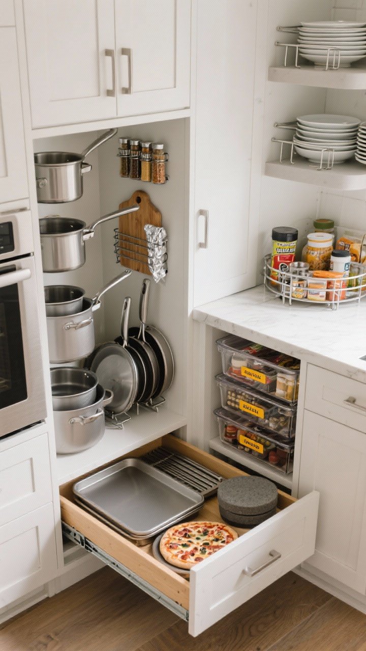Overhead detail view inside cabinetry illustrating Storage Tetris: a pull-out drawer with neatly nested pots and pans and organized lids; an interior cabinet door with mounted spice racks and foil/cutting board holder; a shelf with metal risers doubling plate and bowl storage; a corner lazy Susan loaded with pantry items; a toe-kick drawer pulled out showing sheet pans and a pizza stone; clear bins and bold labels grouping items; crisp, evenly lit, photorealistic.