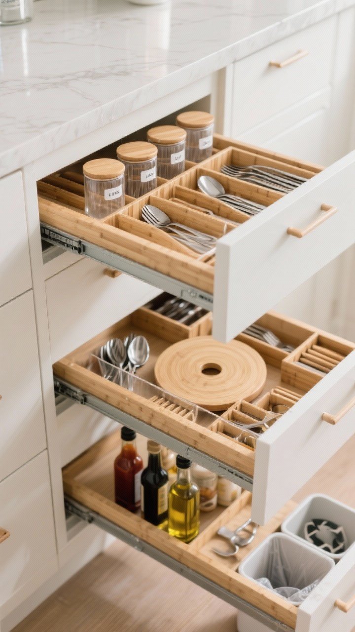 Overhead drawer-and-cabinet organization detail: top-down view of glass and PET canisters with discreet labels in a pantry pull-out, bamboo drawer dividers neatly separating cutlery and utensils, a lazy Susan with oils and sauces inside a base cabinet, and pull-out bins for trash and recycling; clean, intentional arrangement with most-used items at eye level; bright, even task lighting for clarity; photorealistic textures of bamboo and clear acrylic.