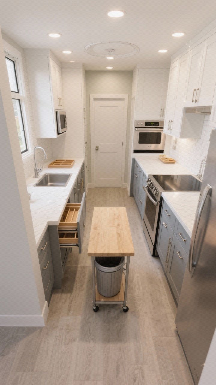 Overhead layout shot: Galley kitchen plan view showing one side dedicated to appliances (24-inch range, sink, fridge) and the opposite side as a clear prep run; pull-out storage in narrow base cabinets; an L-shaped corner cabinet fitted with a lazy Susan/swing-out trays visible; a 24-inch-wide rolling micro island positioned slightly off-center to improve workflow; trash pull-out located near the sink, microwave in an under-counter niche; bright, practical lighting; photorealistic.