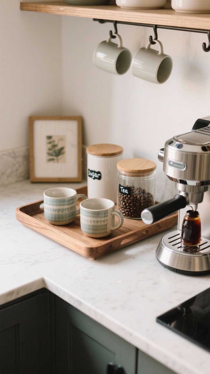 Overhead shot of a compact coffee/tea nook on a counter: a wooden tray corralling a sleek espresso machine, two ceramic mugs, syrups; pretty labeled canisters (sugar, tea, beans) in clear or ceramic; a tiny framed art print leaning against the wall; under-shelf hooks with hanging mugs; tidy, styled, and inviting