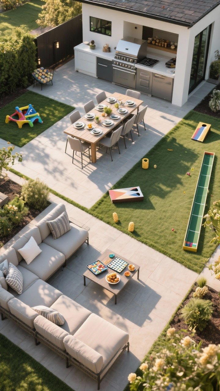 Overhead shot: Zoned backyard layout orbiting the central outdoor kitchen—dining zone closest with a rectangular table featuring an extension leaf and place settings; a lounge zone with low seating, a cushioned sectional and a coffee table set with board games and appetizers; a play zone farther out with a cornhole setup and a slim bocce strip positioned safely away from the grill; late afternoon light and long shadows define each zone, crisp textures and materials visible from above.