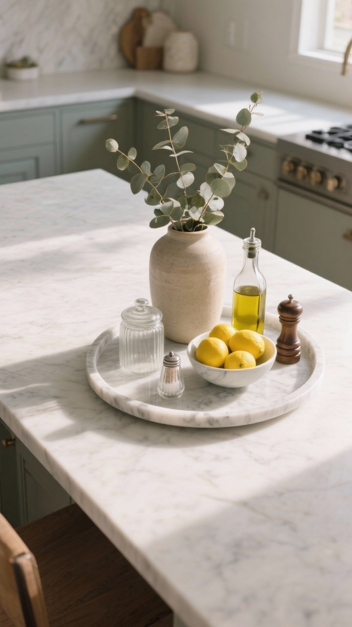 Overhead styling shot: A large round marble tray on the island corralling a tall ceramic vase with eucalyptus, a medium glass canister, a low bowl of bright lemons, plus a salt cellar, olive oil decanter, and a pepper mill; half the counter left clear; soft natural light from the side, gentle shadows and height variation clearly visible; photorealistic.