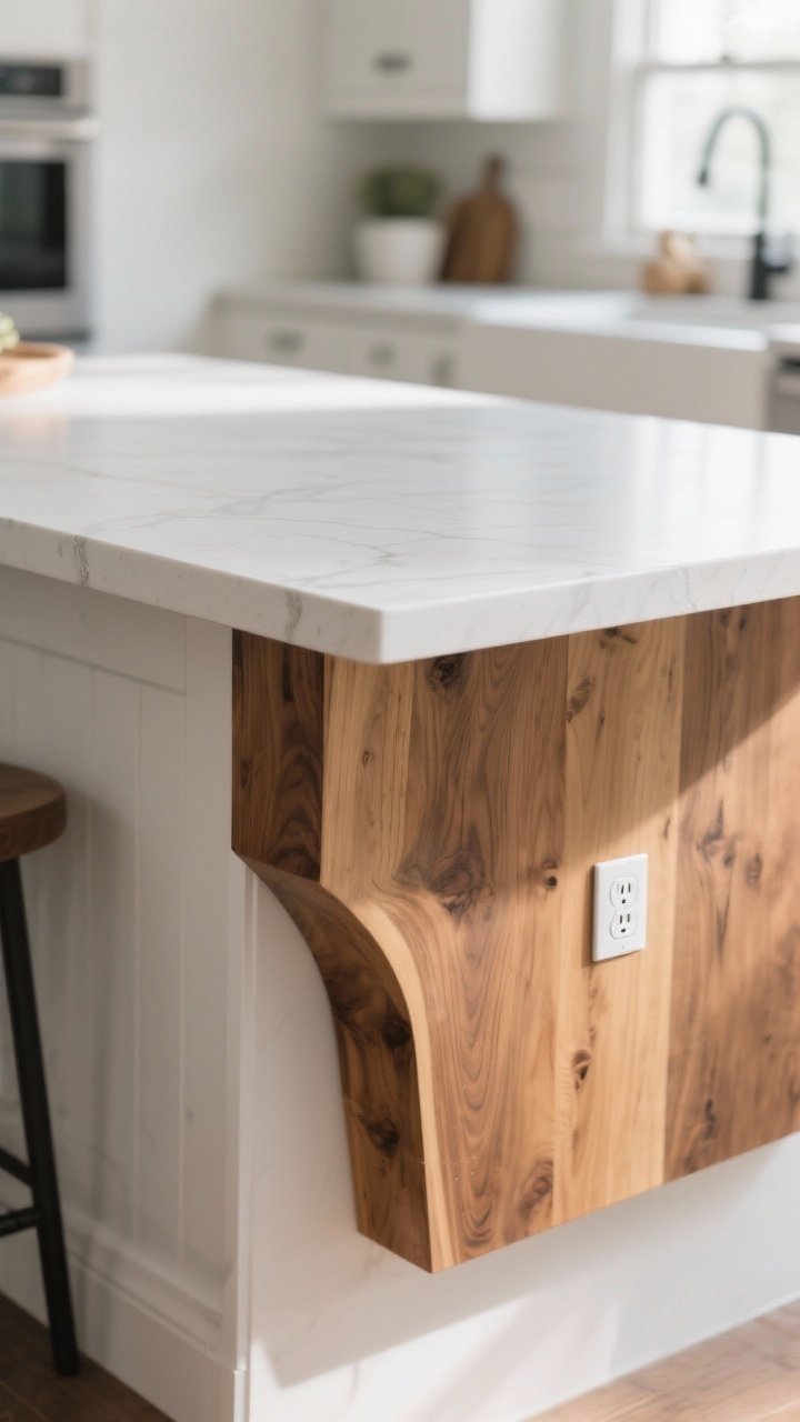 Photorealistic closeup angled shot of a kitchen island showcasing a one-sided waterfall edge in thick butcher block, with rounded corners for safety. The opposite edge is conventional to keep the look subtle and budget-friendly. Include a pop-up hidden outlet neatly integrated into the countertop. Lighting is bright, even daylight to highlight grain and clean lines; background softly blurred modern farmhouse kitchen elements. Emphasize the sculptural drop of the wood and organic texture.