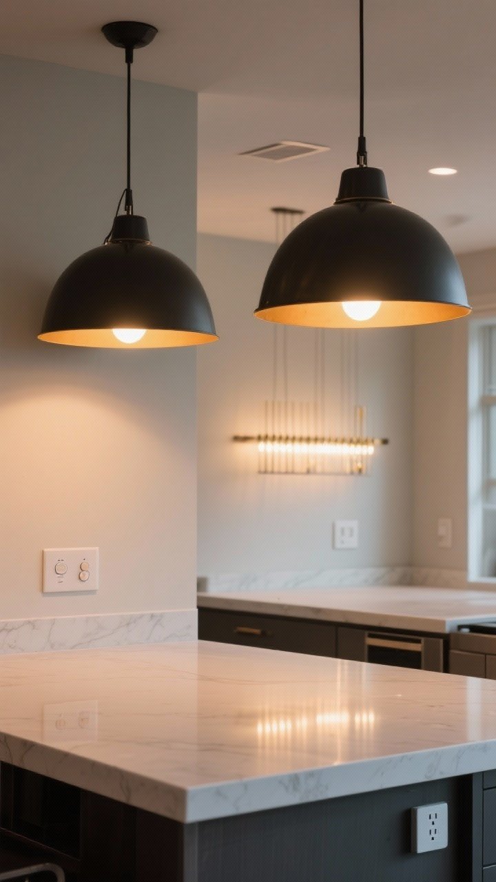 Photorealistic closeup-detail/medium hybrid focusing on statement lighting and power: two oversized pendants hung 30–34 inches above the island at even spacing, warm 2700–3000K bulbs casting a flattering glow; dimmer control visible on a nearby wall, and a discreet pop-up outlet set into the countertop with under-counter power management; clean counters, subtle reflections on a linear chandelier option beyond, modern yet functional mood