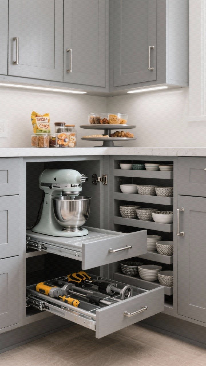 Photorealistic closeup detail of a corner cabinet outfitted with smart hardware: a LeMans pull-out tray swinging outward with a stand mixer and bulky tools, adjacent tiered blind corner pull-out fully extended with neatly stored bowls, and a Lazy Susan above stocked with snacks and spices. Satin gray cabinet interiors, chrome mechanisms, and textured melamine shelves; bright task lighting to show reachability; shot from waist height into the corner showing motion and capacity; no people.