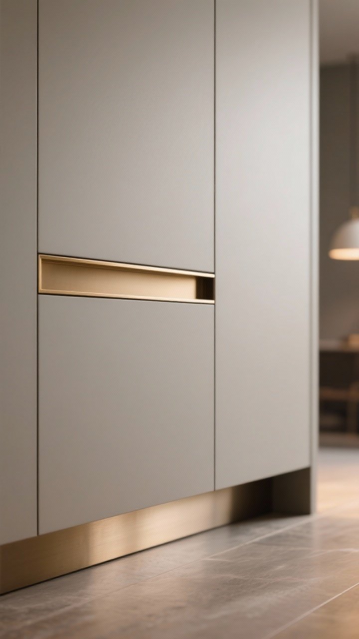Photorealistic closeup detail of a flat-panel cabinet door edge featuring a slim metallic accent: a shadow-line rail in brushed brass paired with a knife-thin pull spanning the cabinet width; matte cabinet surface in soft greige; brushed metal toe kick visible below; warm, soft lighting that highlights texture without glare; cohesive single metal finish echoed in a blurred background pendant
