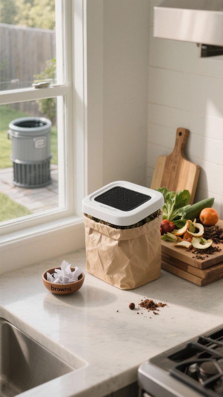 Photorealistic closeup detail of a minimalist sealed countertop compost caddy with a charcoal filter lid, lined with a compostable bag, placed within arm’s reach of a cutting board stacked with vegetable peels and coffee grounds. Include a small bowl of shredded paper “browns” and a glimpse of a compact backyard tumbler-style composter visible through a nearby glass door. Neutral kitchen counter, soft morning light, no clutter, no people.