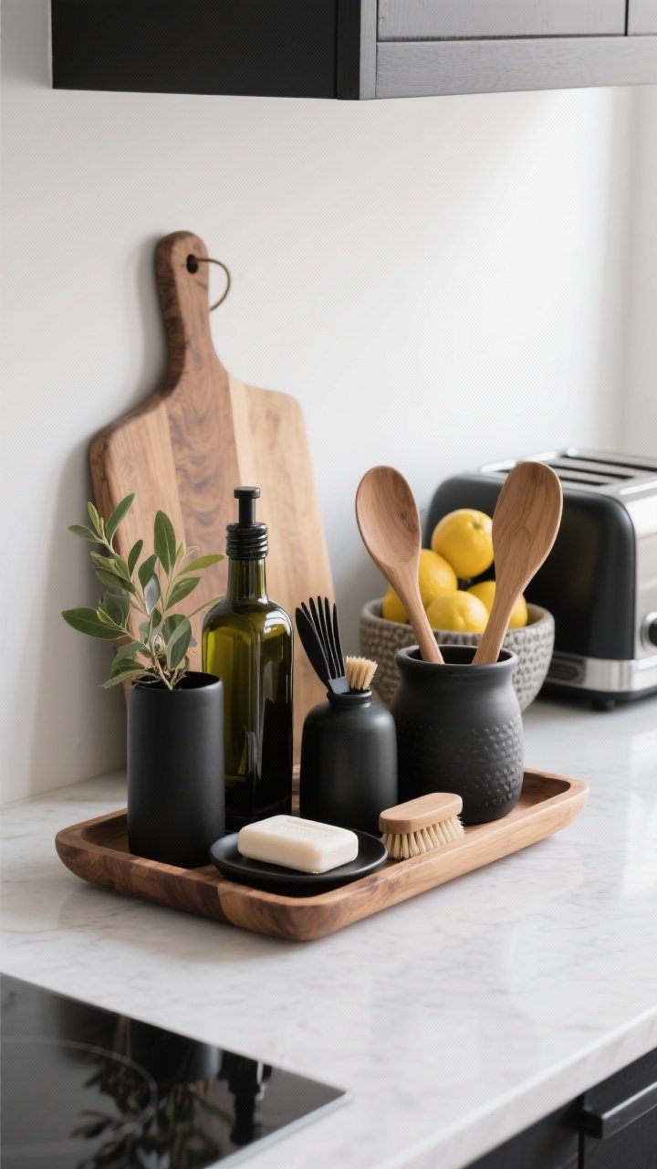 Photorealistic closeup detail of a styled kitchen countertop vignette: a natural wood tray corralling olive oil bottles and a small plant, a matching soap and brush set in matte black, and a ceramic utensil crock with wooden spatulas; color palette strictly black, white, and natural wood; layered heights including a leaning wood cutting board and a textured bowl of lemons; soft daylight from the side, counters uncluttered with the toaster hidden.