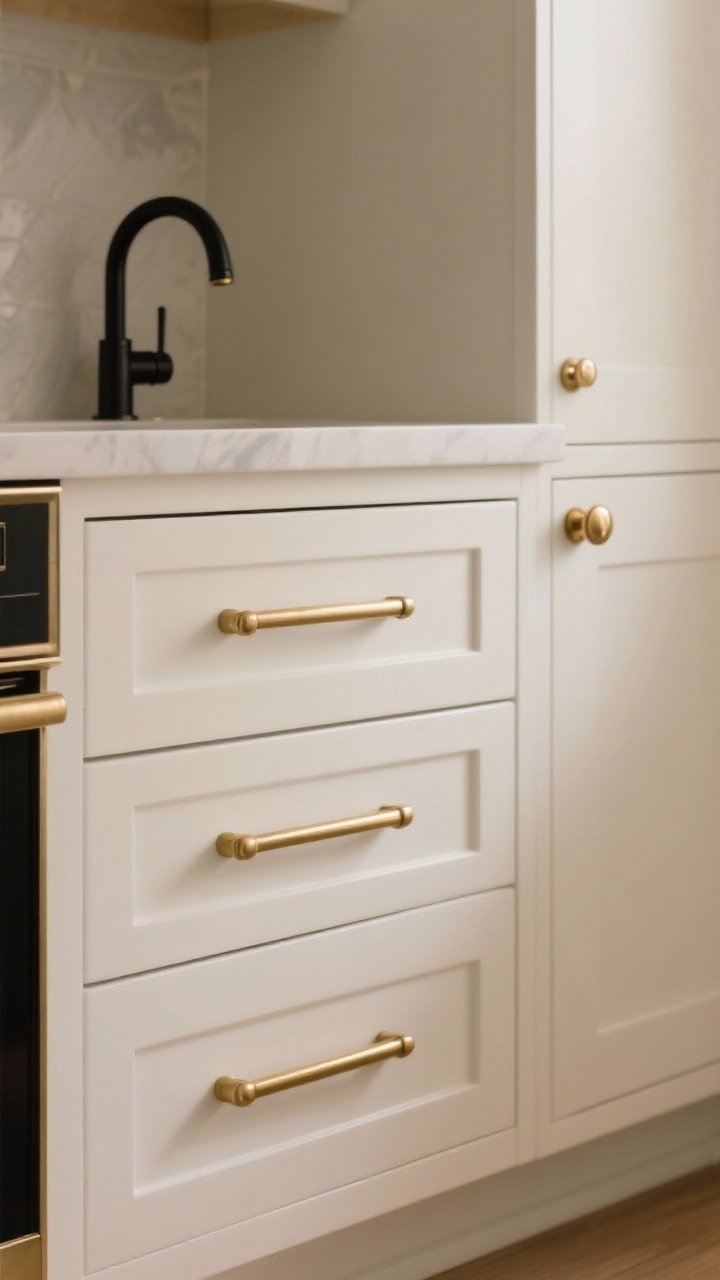 Photorealistic closeup detail of cabinet hardware swap: crisp shaker drawers in warm white with long brushed brass pulls proportioned to drawer width, nearby doors fitted with matching knobs, a matte black faucet in frame for coordinated-but-not-identical finishes; perfectly aligned hardware using a template; soft, warm lighting glinting off the metal for an instant luxe feel.