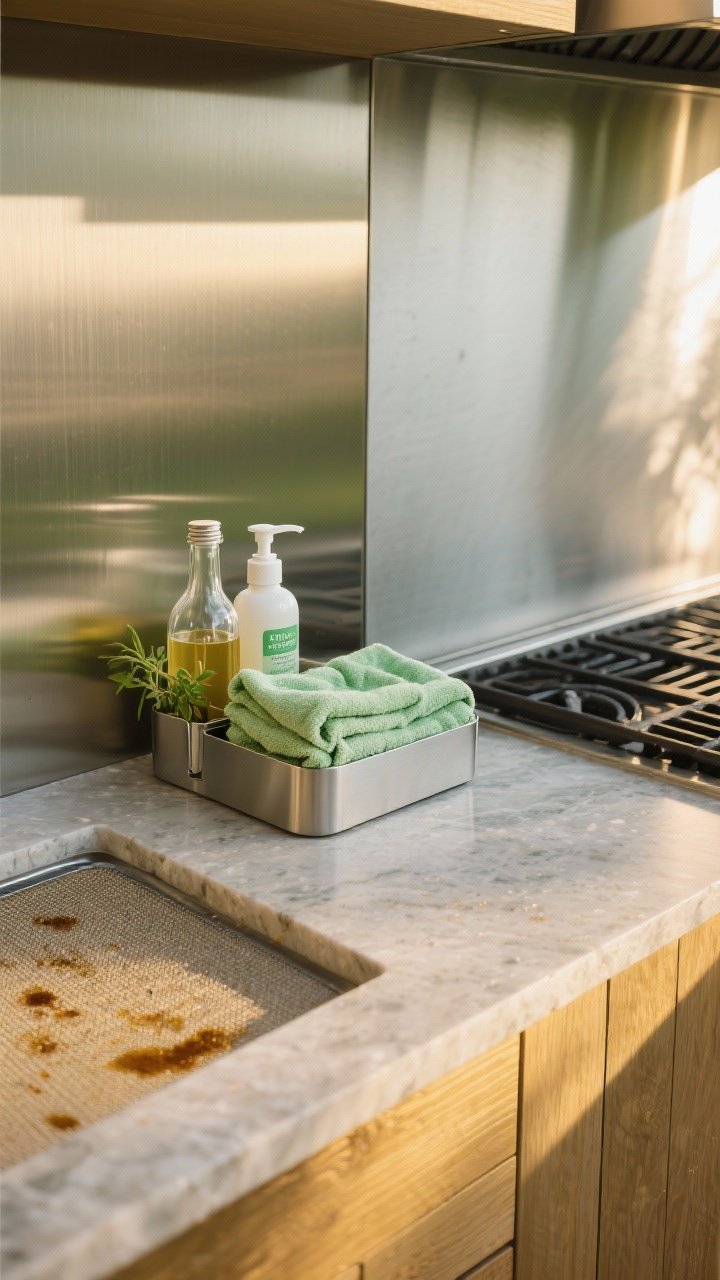 Photorealistic closeup detail of green-clean finishes and tools: a section of brushed stainless panel next to a honed stone countertop sealed with a non-toxic, water-based sealer (subtle matte sheen), a caddy holding plant-based cleaners—glass bottle of vinegar, castile soap dispenser—and neatly folded microfiber cloths; a grill mat or removable drip tray catching a few grease spots on decking; golden late-day light highlighting textures and smudge-hiding surfaces.