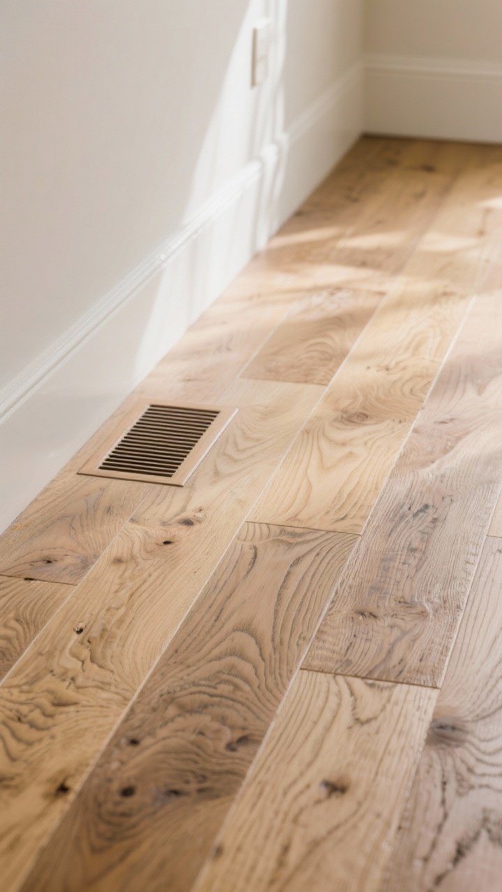 Photorealistic closeup detail of hand-scraped oak flooring with subtle ripples, beveled edges, and a satin/low-gloss sheen in a neutral honey-to-smoke stain; light skims across the surface highlighting texture that hides pet scratches and dust; flush-mount floor vent integrated seamlessly; plank direction runs parallel to the longest wall in the background; crisp, natural daylight.