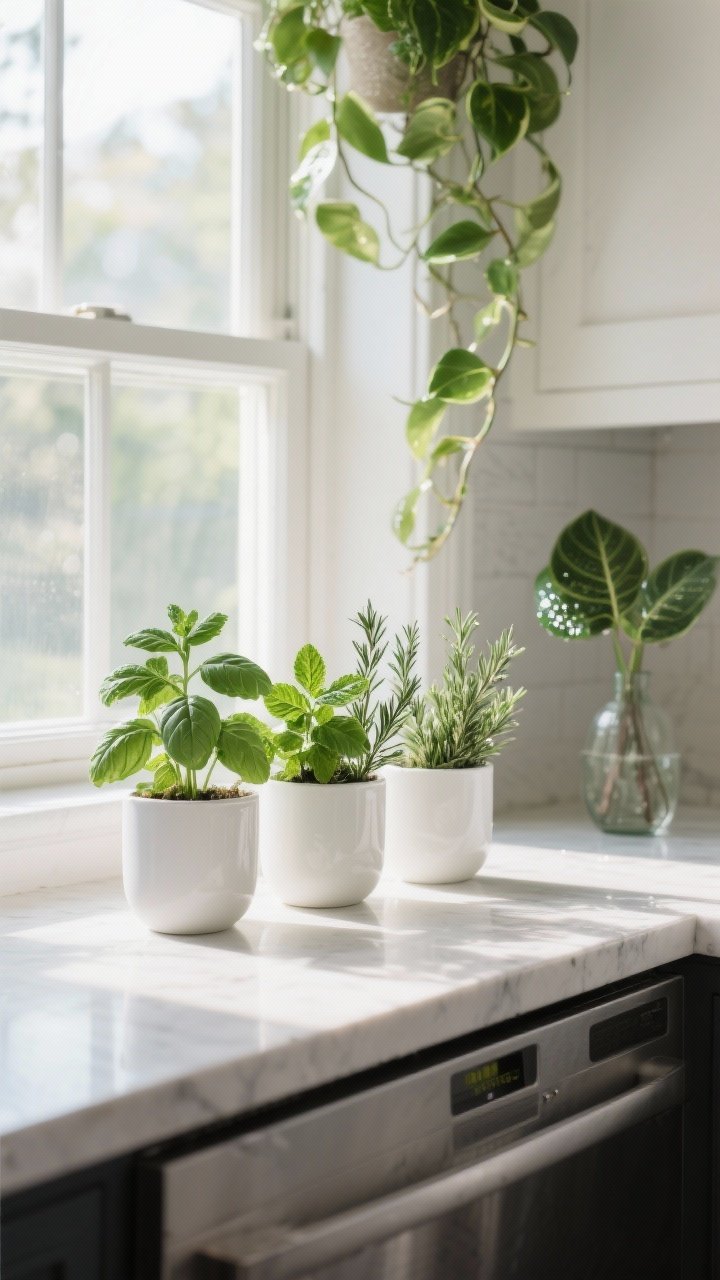 Photorealistic closeup detail of kitchen greenery: a sunny windowsill with a trio of herb pots—basil, mint, rosemary—in simple white ceramic planters; in the background, a trailing pothos hanging in a corner and a small ZZ plant on the counter; dewy leaves, soft backlighting through the window; alternate option visible as a high-quality faux stem arrangement in a glass vase on the counter.