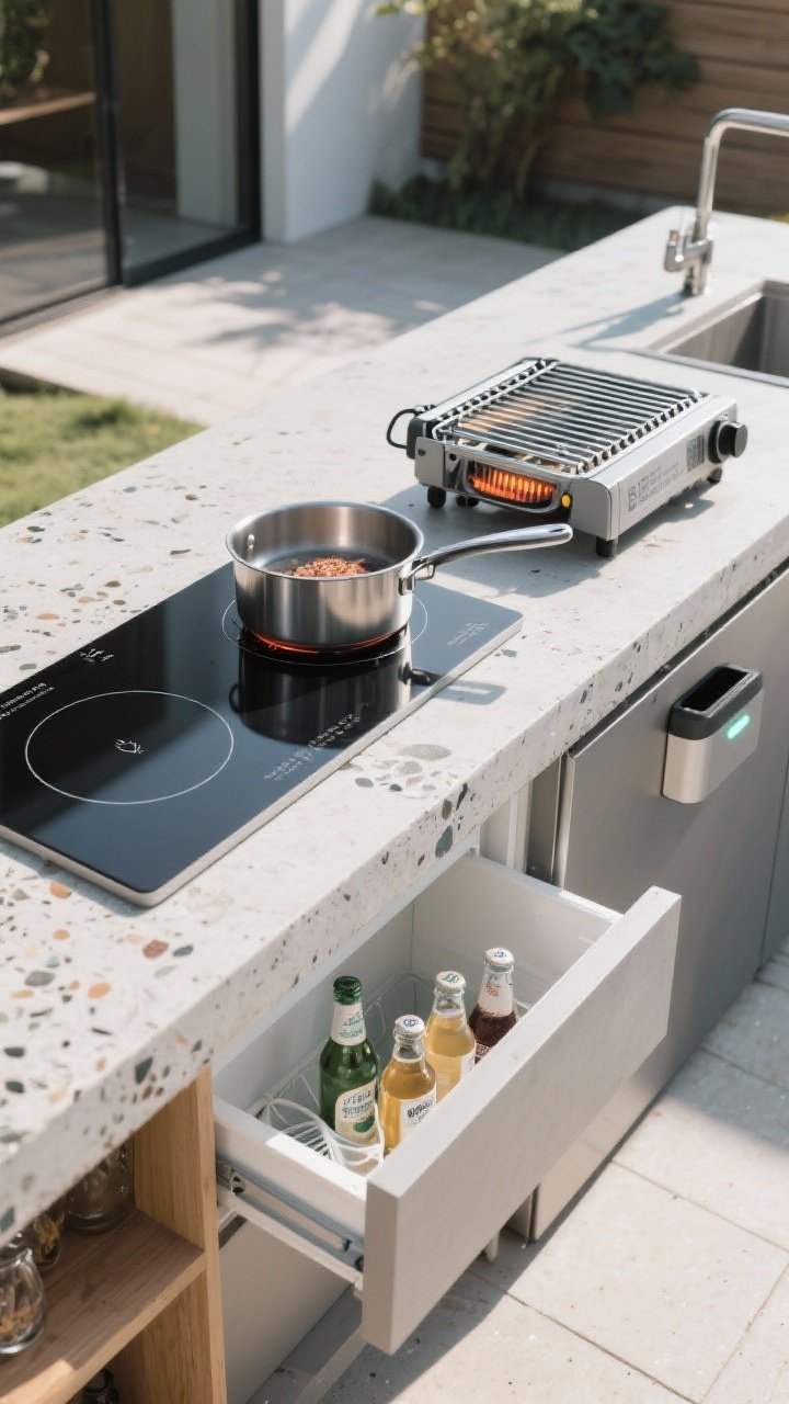 Photorealistic closeup detail of low-carbon cooking zones on an outdoor counter: a sleek portable induction hob simmering a saucepan beside a propane grill featuring a visible infrared sear burner; an energy-efficient fridge drawer slightly open with chilled drinks; a compact countertop composter with a subtle LED indicator; clear separation between hot and cold zones; clean concrete counter with recycled aggregate; bright, functional daylight, angled view.