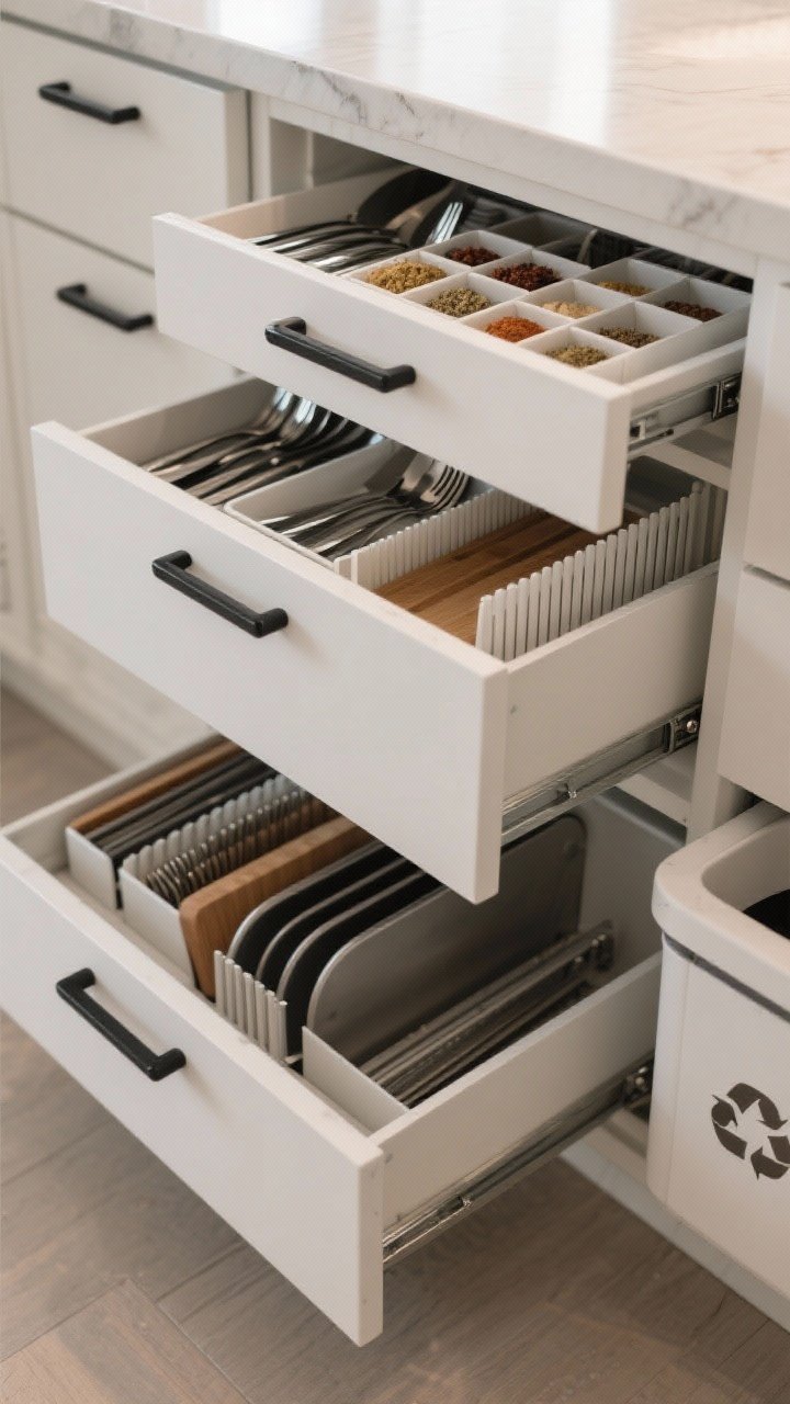 Photorealistic closeup detail of optimized drawer storage in a base cabinet: full-extension deep drawers pulled open to reveal tiered cutlery and spice trays, vertical tray dividers neatly storing sheet pans and cutting boards, and a separate pull-out trash and recycling unit; soft-close hardware visible; satin white drawer fronts with matte black pulls; neutral interior tones; soft, even task lighting illuminating the organized compartments.
