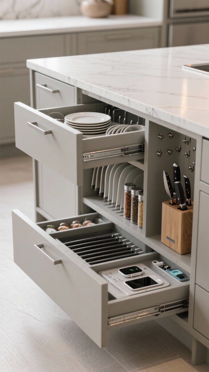 Photorealistic closeup detail of the “hidden workhorse” island storage: deep drawers on full-extension glides pulled open to reveal peg systems securing plates, a pull-out spice rack, vertical dividers for baking sheets, an in-drawer knife block insert, and a sleek charging drawer with organized devices; minimal flat fronts with integrated pulls, soft-close hardware, cool neutral cabinetry, diffused task lighting emphasizing organization and precision