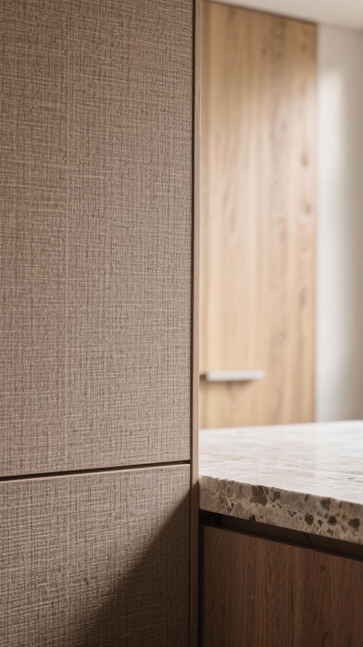 Photorealistic closeup detail shot focusing on texture: a linen-look laminate flat-panel door in warm taupe with a soft, tailored weave, paired with a nearby honed stone countertop edge; in the background, a superfine oak micro-grain panel softly out of focus; minimal hardware so texture is the star; gentle, raking light to reveal the tactile surfaces without shine