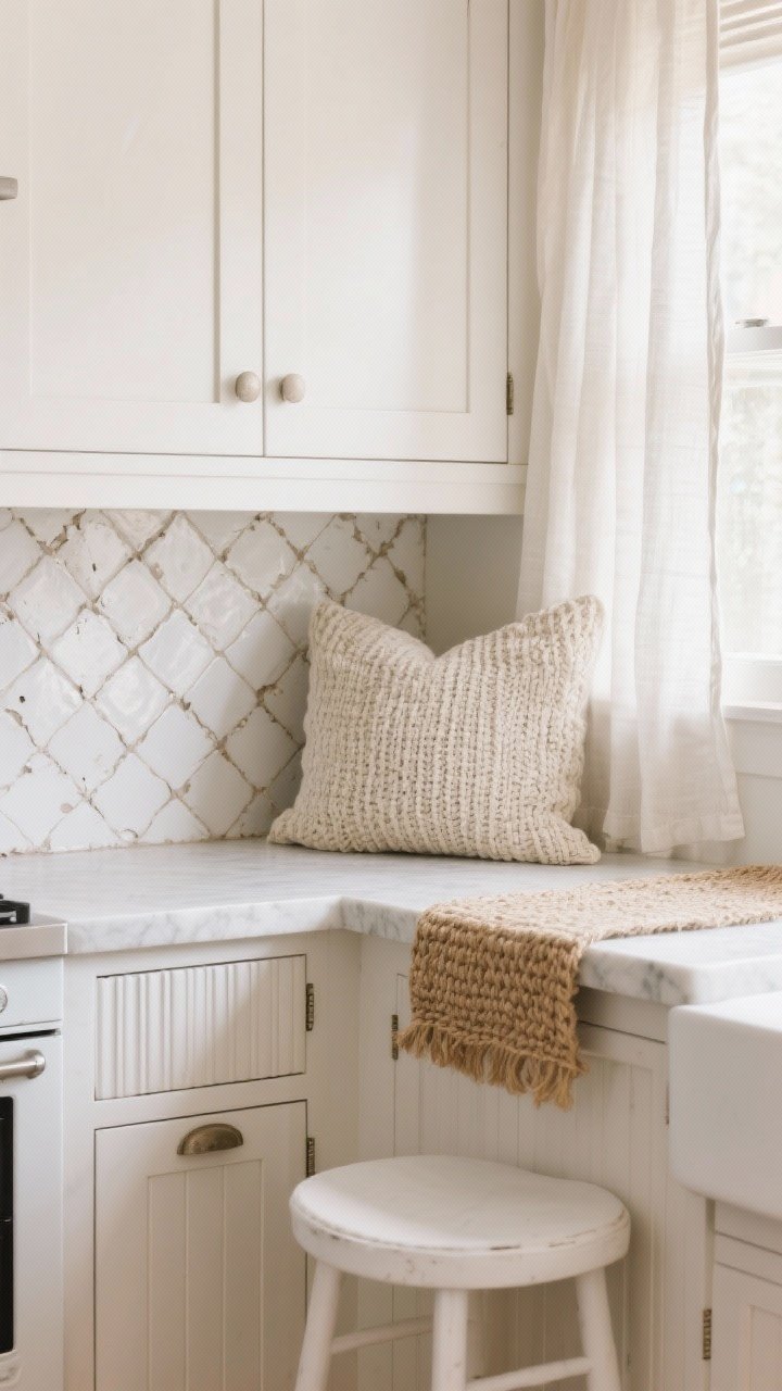 Photorealistic closeup detail shot of layered textures in a white kitchen: handmade zellige-style white backsplash tiles with imperfect edges and a soft, subtle sheen; adjacent matte, honed white stone countertop; cabinetry mixing shaker fronts with vertical beadboard panels and a fluted drawer face; linen cafe curtains filtering natural morning light; a woven jute runner and a chunky knit cushion on a white counter stool. Warm, soft natural lighting, shallow depth of field to emphasize textures, no people.