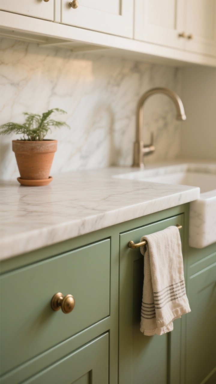Photorealistic closeup/detail shot: sage green lower cabinet drawer front in matte/satin finish with aged brass knob next to a warm white upper cabinet edge, creamy stone countertop with soft veining bridging colors, a small terra-cotta planter and linen tea towel adding texture, brushed nickel faucet visible blur in background, soft natural light transitioning to warm interior light, capturing the calm nature-inspired palette; tight focus on textures and finishes.