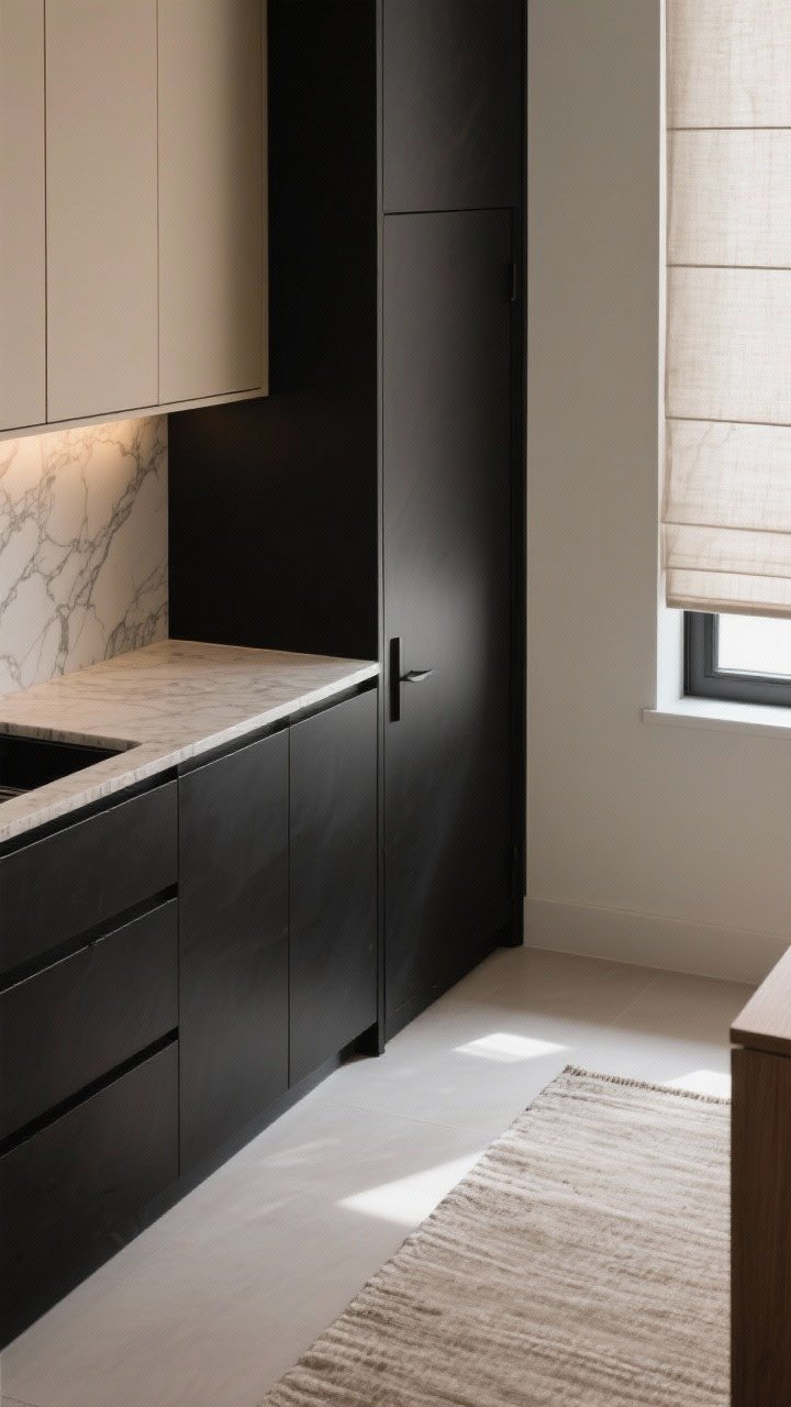 Photorealistic closeup/detail shot: silky matte soft-black (off-black) lower cabinet door next to putty/mushroom upper cabinet frame, subtle-vein stone countertop edge (quiet pattern), linen Roman shade and a neutral runner rug edge visible for softness, mixed natural and artificial light showing photogenic contrast without harshness, calm minimalist styling; overhead-leaning perspective capturing finishes and undertones.