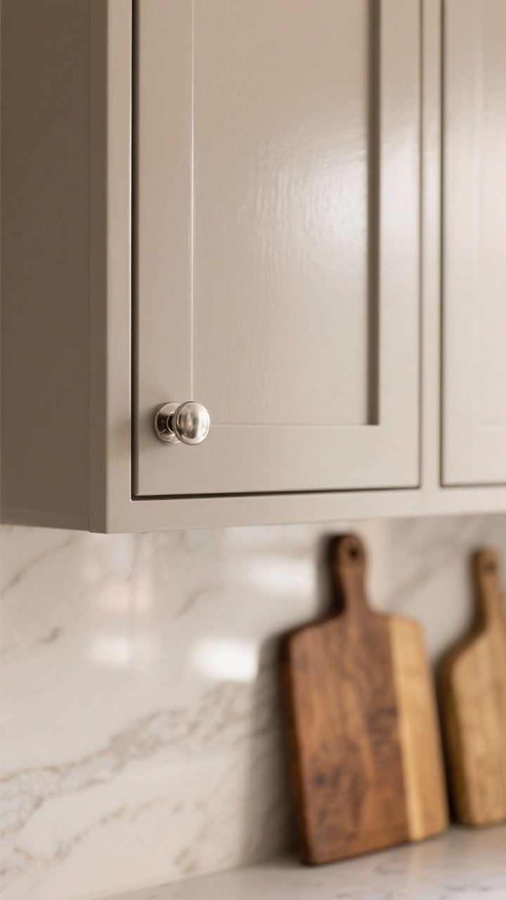 Photorealistic closeup detail: warm greige semi-gloss cabinet door front with subtle taupe undertone reflected from warm countertops; edge profile and rail/stile joinery in focus; cool metal polished nickel knob and adjacent warm wood cutting board to show versatility; soft daylight reflecting gently (no glare), revealing the lightening effect of greige; neutral backdrop of light stone counter blurred.
