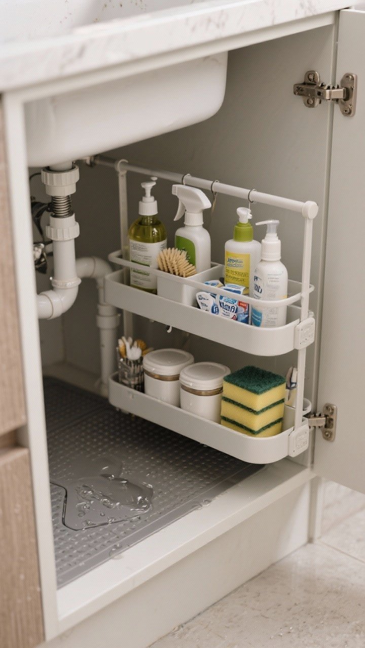 Photorealistic closeup inside an under-sink cabinet organized around plumbing: a U-shaped tiered pull-out neatly frames the pipes, holding cleaning supplies in a lift-out caddy; a tension rod suspends spray bottles, freeing space below; a waterproof mat lines the base to catch drips; lidded containers hold sponges, brushes, and dishwasher tabs; only one backup of each product visible; moisture-resistant textures, soft utility lighting, straight-on view