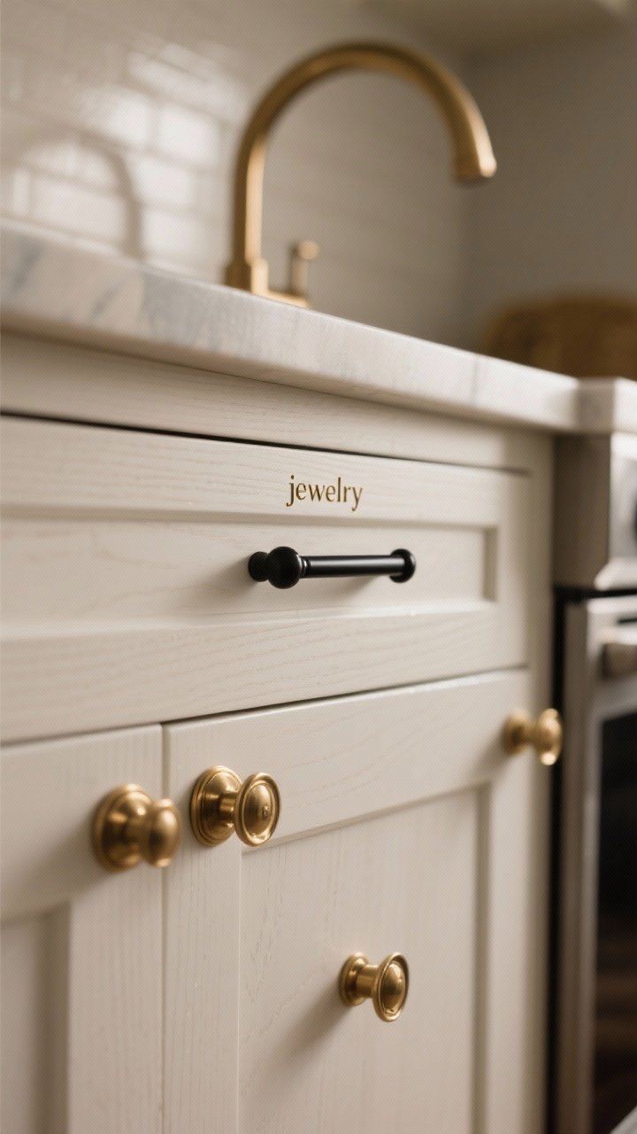 Photorealistic closeup of a kitchen cabinet door and drawer set showcasing new hardware “jewelry”: a mix of matte black bar pulls on drawers and brushed brass cup pulls on doors, with a coordinating brushed brass kitchen faucet visible slightly blurred in the background. Straight-on angle, shallow depth of field highlighting metal finishes and wood grain, clean white shaker cabinetry, soft warm 3000K lighting reflecting subtly off the metals, emphasizing center-to-center pull alignment and intentional mixed metals with brass as the dominant finish.