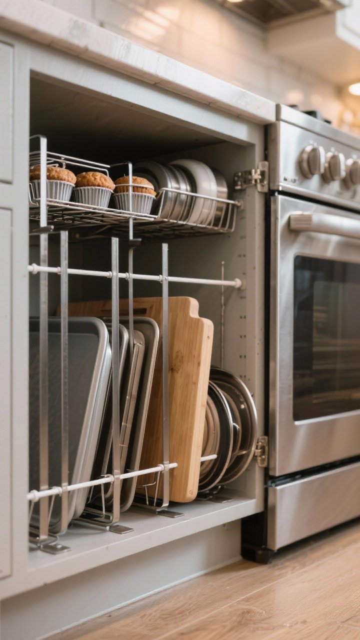 Photorealistic closeup of a narrow lower cabinet outfitted with vertical dividers: upright metal dividers screwed into the base hold baking sheets, cooling racks, and muffin tins on edge; a separate lane shows cutting boards, and a slim lid-specific organizer corrals pot lids without sliding; include a budget hack lane using white tension rods; shot from a low, three-quarter angle near the oven, with warm ambient kitchen light and quiet stainless-steel textures, no clanging stacks, everything labeled subtly