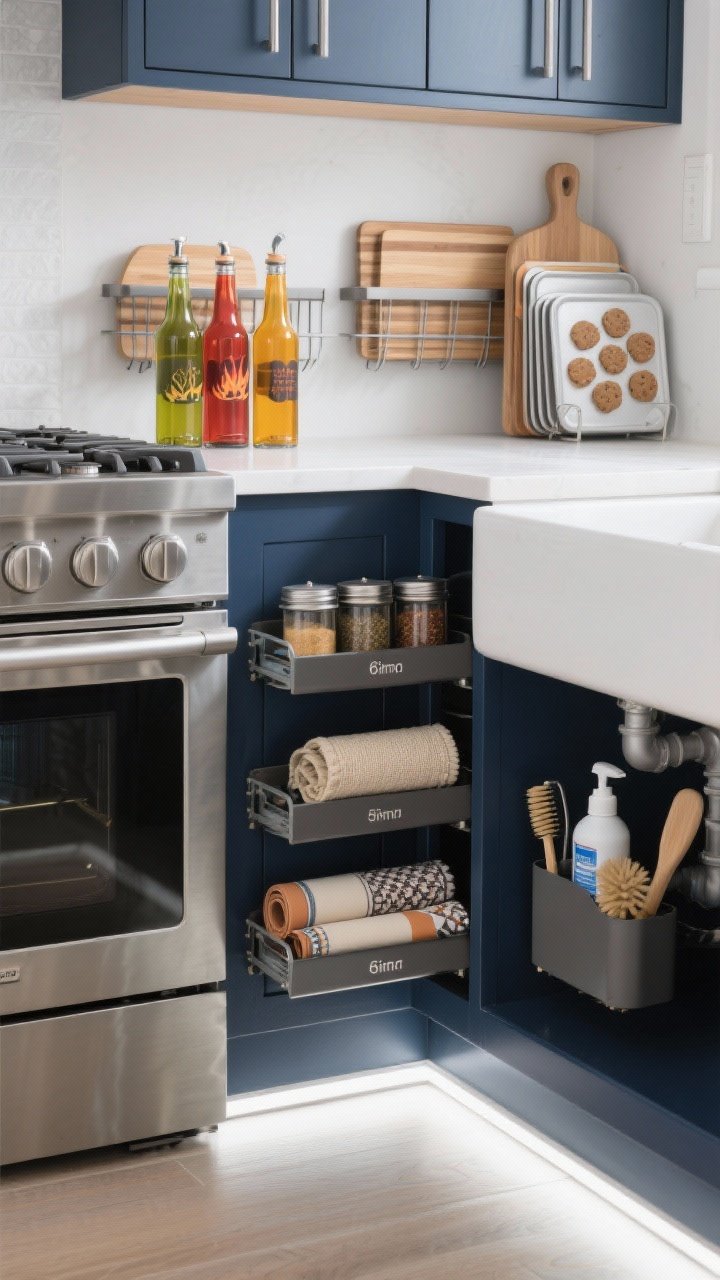 Photorealistic closeup of clever slim storage: a 6-inch spice pull-out beside the cooktop with heat-resistant bottles; upper cabinet tray dividers holding cutting boards and cookie sheets; a toe-kick drawer partially open with rolled baking mats and placemats; an under-sink caddy that wraps around plumbing with cleaners and brushes. Matte navy base cabinets, stainless toe-kick, bright task lighting; tight framing from knee level to emphasize skinny solutions.