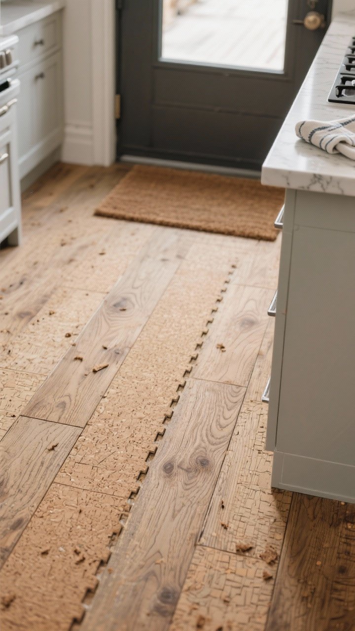 Photorealistic closeup of cork plank flooring with a rustic woodgrain print in a mid-tone pattern to hide crumbs; matte, water-resistant kitchen-rated finish; cushy, quiet surface mood; edges of click-together planks subtly visible; doormat at entry and a quick-wipe cloth on a nearby counter hinting care; soft natural light highlighting texture without glare.