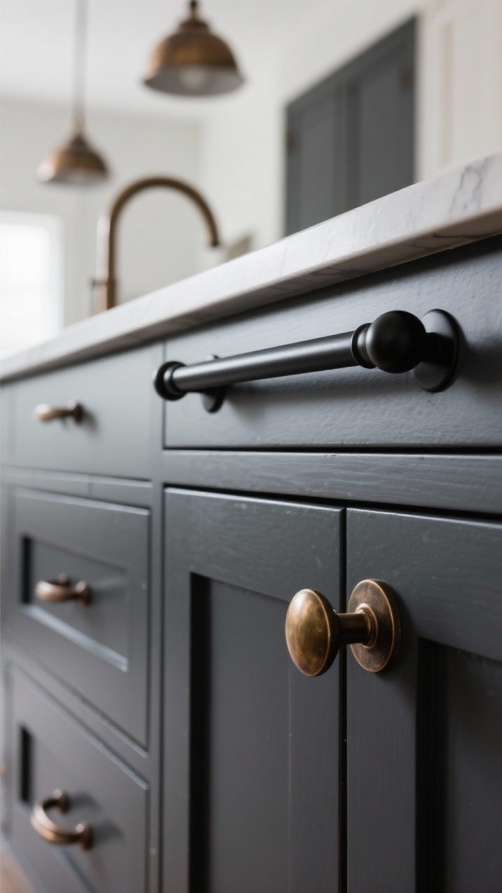 Photorealistic closeup of oversized hardware on island drawers and doors: 10–12 inch long matte black bar pulls on wide drawers, antique bronze cup pulls on lower cabinets, and a single chunky brass statement knob on a narrow drawer, all aligned perfectly; island face painted charcoal; subtle reflection on the hardware; background blur of coordinating faucet and pendant lights hinting at finish matching; clean, refined mood.