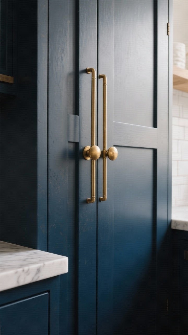 Photorealistic closeup of satin/unlacquered brass hardware on deep navy cabinet doors with a marble countertop edge visible; show thin brass rail pulls and rounded brass knobs catching a soft, warm glow; slight patina and fingerprint warmth on unlacquered brass for realism; creamy white backsplash in the blur; balanced warm lighting that feels European and refined; no people
