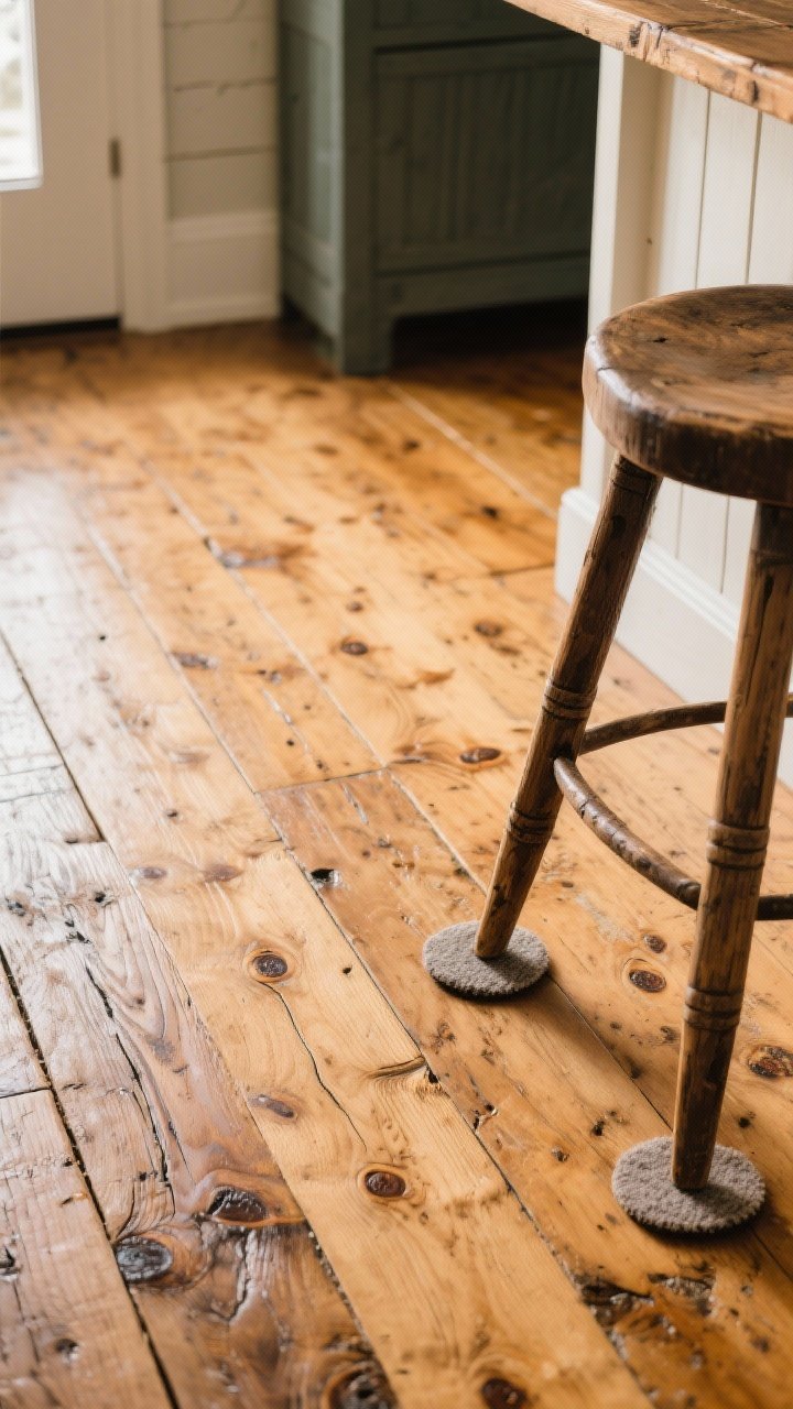 Photorealistic closeup of wide-plank pine flooring with timeworn patina, visible knots and mineral streaks; mid-warm stain (amber/driftwood light wash) with a natural penetrating/hardwax oil finish; slight dents and wear telling a story; felt pads visible beneath a rustic barstool leg; soft indirect light accentuating grain; evokes cozy farmhouse.