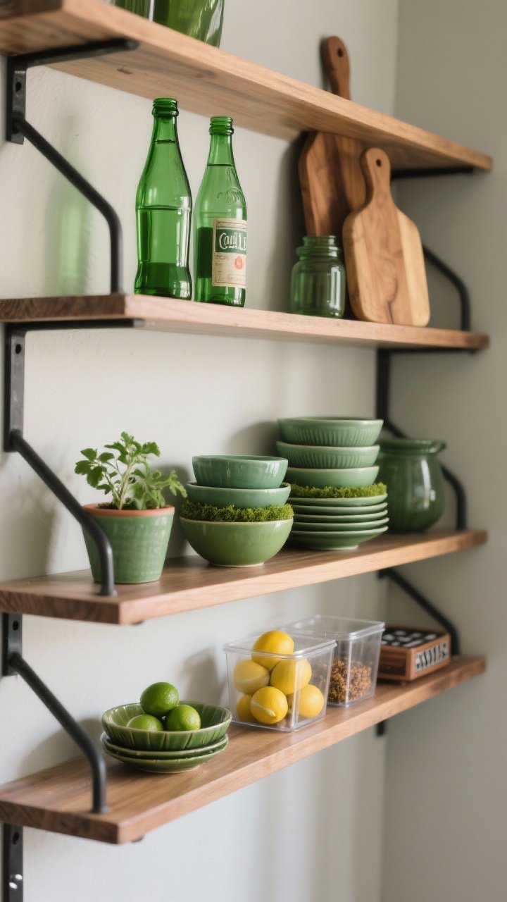 Photorealistic closeup shelf styling: open wooden shelves against a neutral wall holding curated green accents—thrifted green glass bottles (wine and vintage soda), stackable bowls in avocado, moss, and jade tones, two small potted herbs, and a couple of warm wood cutting boards; clear bins with lemons, limes, and grill rubs; composition shows only 2–3 green items per shelf with neutral wood/white/black balance; soft side lighting emphasizing glass and ceramic textures