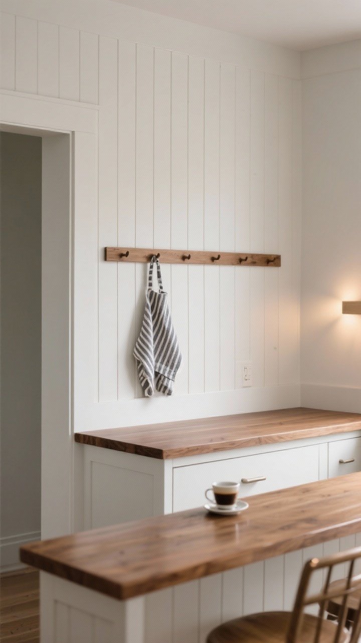 Photorealistic closeup, straight-on of the island back dressed with design details: vertical fluted paneling painted to match the island; a natural wood peg rail mounted along the upper third holding a striped kitchen towel and an apron; a slim 5-inch bistro ledge in stained wood running the length, with a small espresso cup and saucer; matte clear coat evident on the wood; gentle side lighting accentuating the vertical lines.