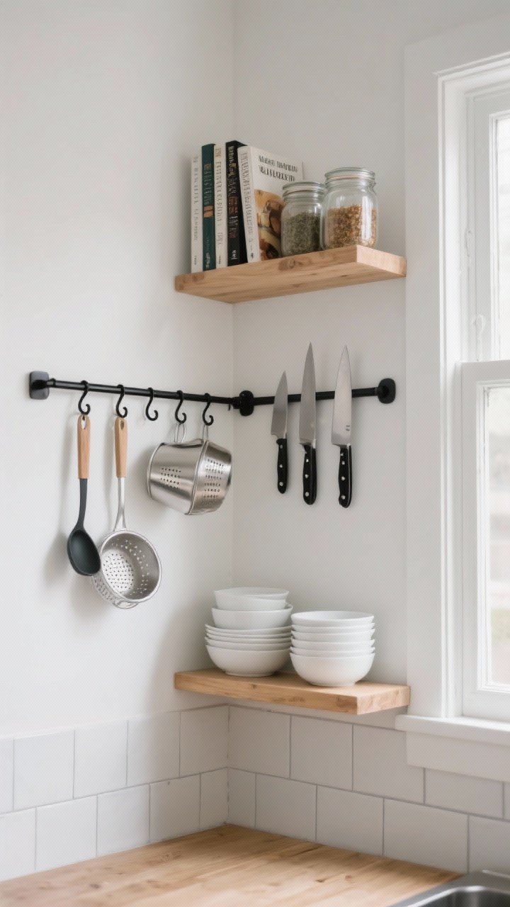 Photorealistic closeup, straight-on view of a small kitchen wall organized vertically: matte black rail system with S-hooks holding spatulas, measuring cups, ladles, and a tiny colander; a stainless magnetic knife strip with chef’s knives; two light oak floating shelves styled with uniform white dishes and matching clear jars; a slim over-window shelf above a white-trimmed window holding cookbooks and spice jars. Neutral palette with white walls, soft gray grout, and natural wood textures; soft daylight, crisp focus, minimal visual clutter.